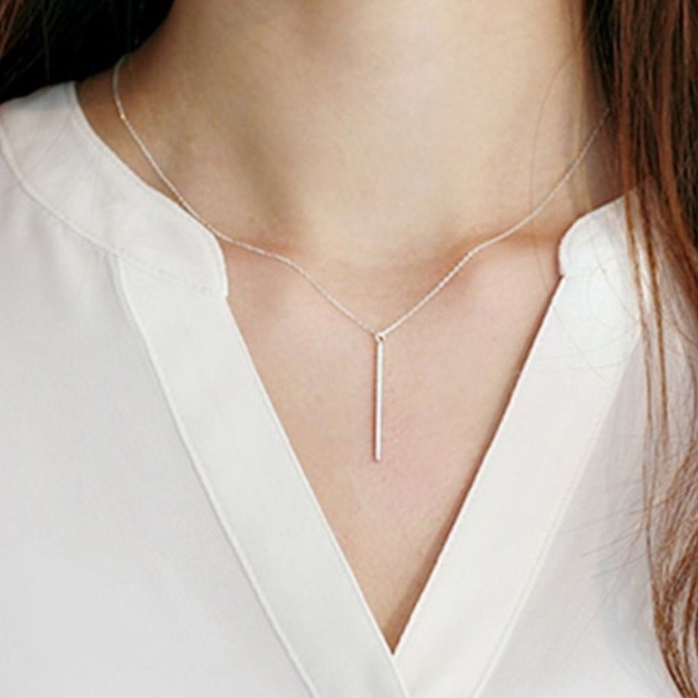 Long Gold or Silver Tone Bar Necklace, Stick Pendant Necklace